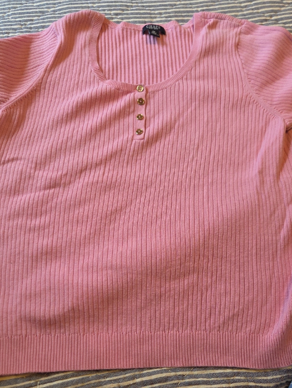 Chaps Pink Ribbed Short Sleeve Henley Top with Gold Buttons